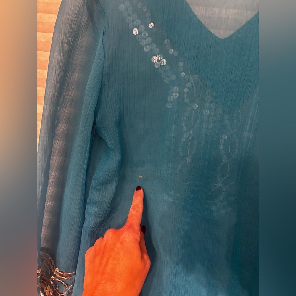 JMB Signature blue sheer cover-up top w/ silver sequins- size large - Picture 6 of 6
